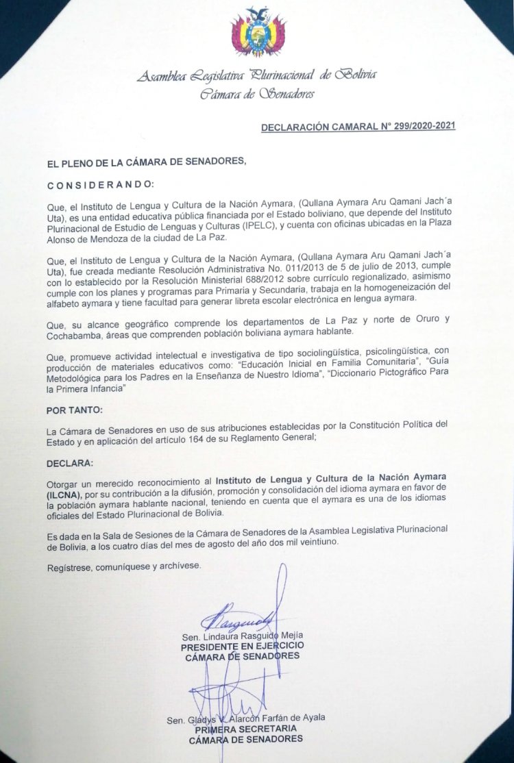 INSTITUTO DE LENGUA Y CULTURA DE LA NACIÓN AYMARA, DEPENDIENTE DEL IPELC. RECIBE MERECIDO RECONOCIMIENTO POR LA CÁMARA DE SENADORES.