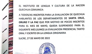 SUSPENCION DE EXAMEN DEL MES DE MAYO EN LOS DEPARTAMENTOS DE LA PAZ, ORURO Y SANTA CRUZ
