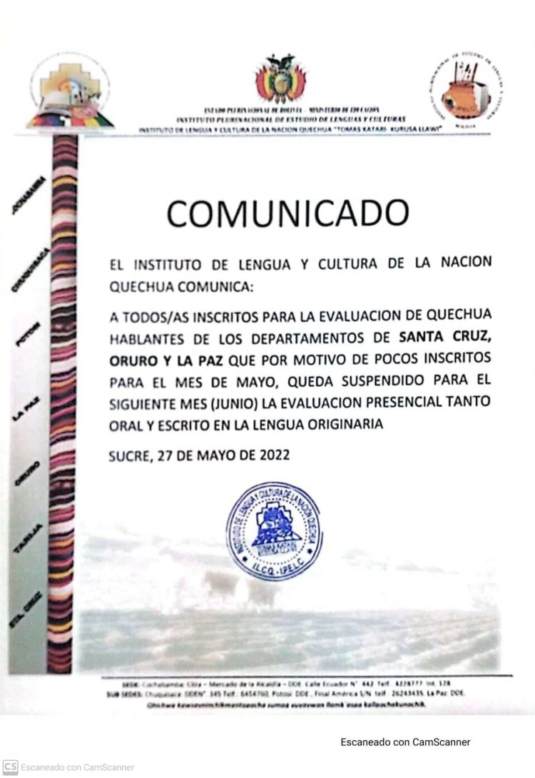 SUSPENCION DE EXAMEN DEL MES DE MAYO EN LOS DEPARTAMENTOS DE LA PAZ, ORURO Y SANTA CRUZ