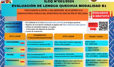ILCQ-INSTITUTO DE LENGUA Y CULTURA TOMAS KATARI KURUSA LLAWI DE LA NACION QUECHUA CONVOCA A LOS ESTUDIANTES PARA LA ADMISION 2024 A LAS ESFMs y UAs CON LA MODALIDAD B1 DE ACUERDO AL SIGUIENTE CRONOGRAMA.